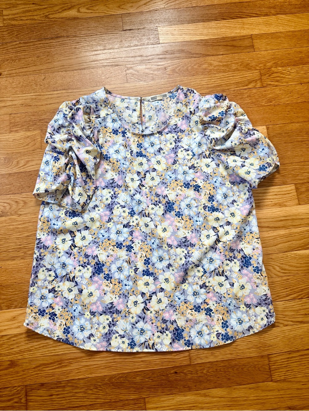 Pleione Pastel Floral Puff-Sleeve Blouse - Blue, Yellow, Pink